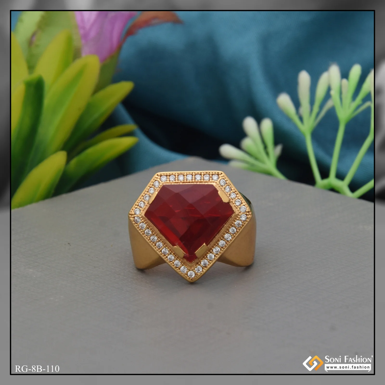Heart Shape Red Stone With Diamond Fashionable Design Gold Plated Ring - Style B110 - Image 5