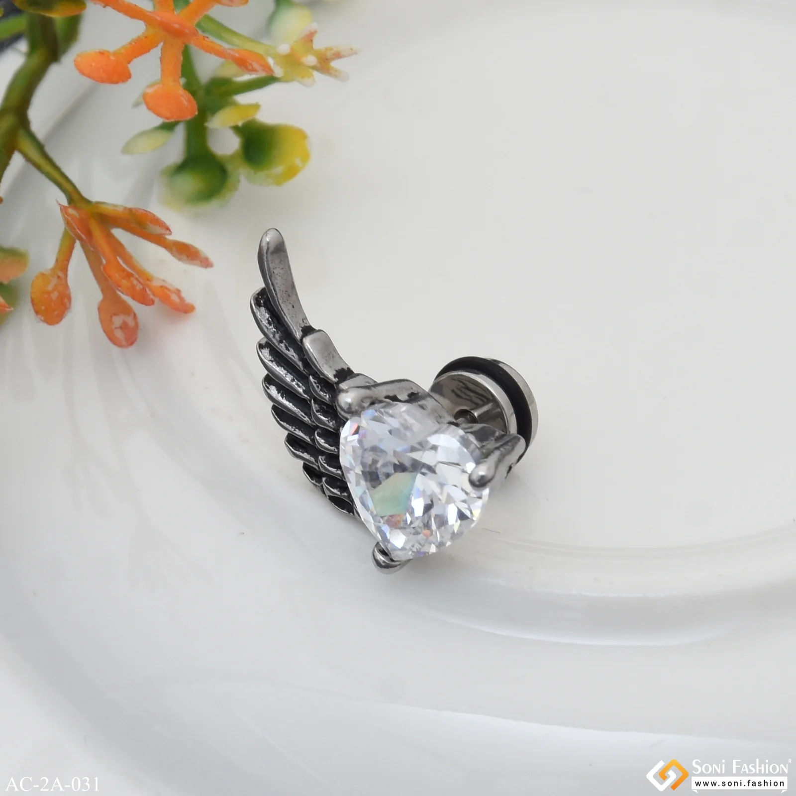 Heart Shape White Stone Surgical Steel Stud Earring for Men (1 Pc) - Style A031 - Image 5