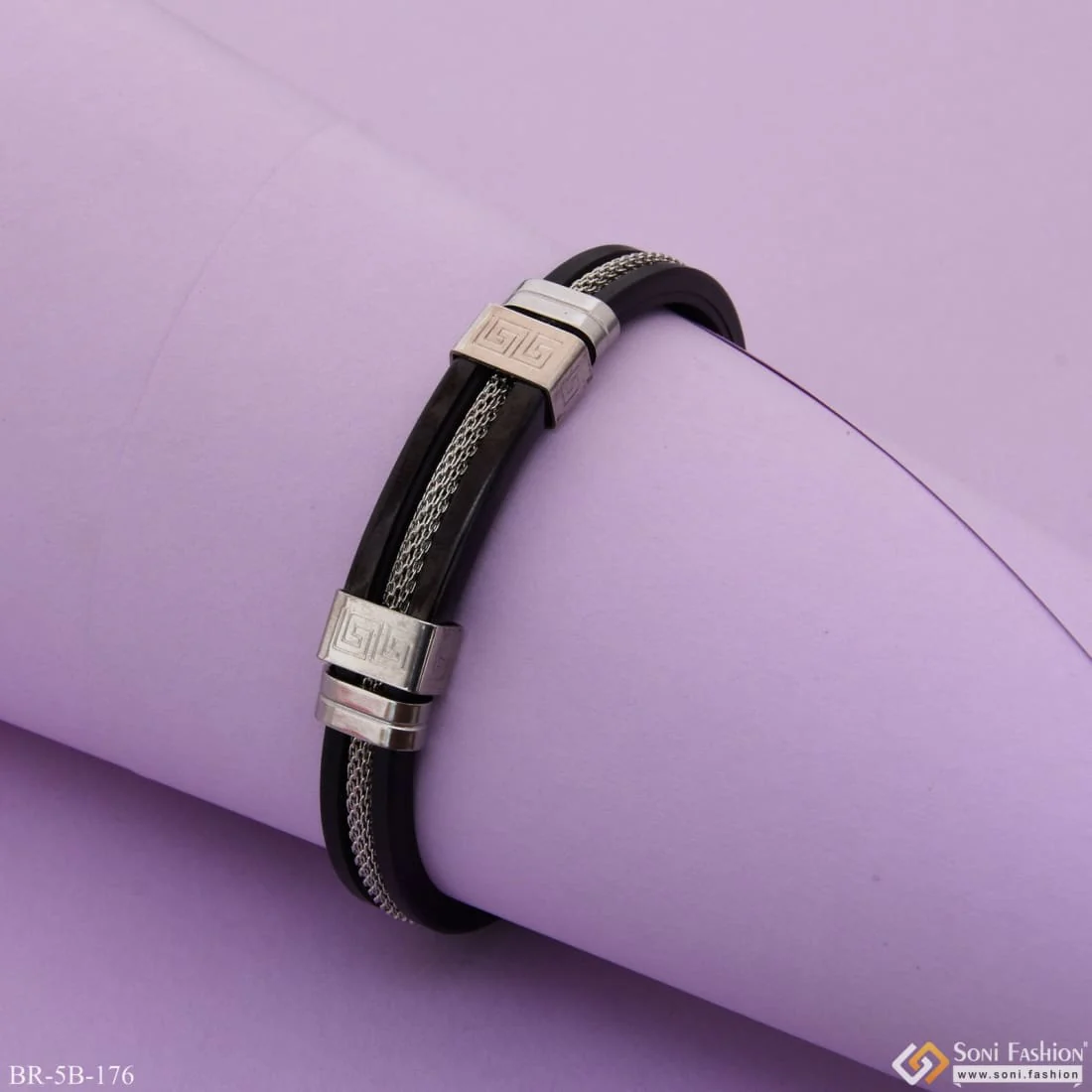 High-Quality Eye-Catching Silver & Black Color Design Bracelet - Style B176 - Image 2