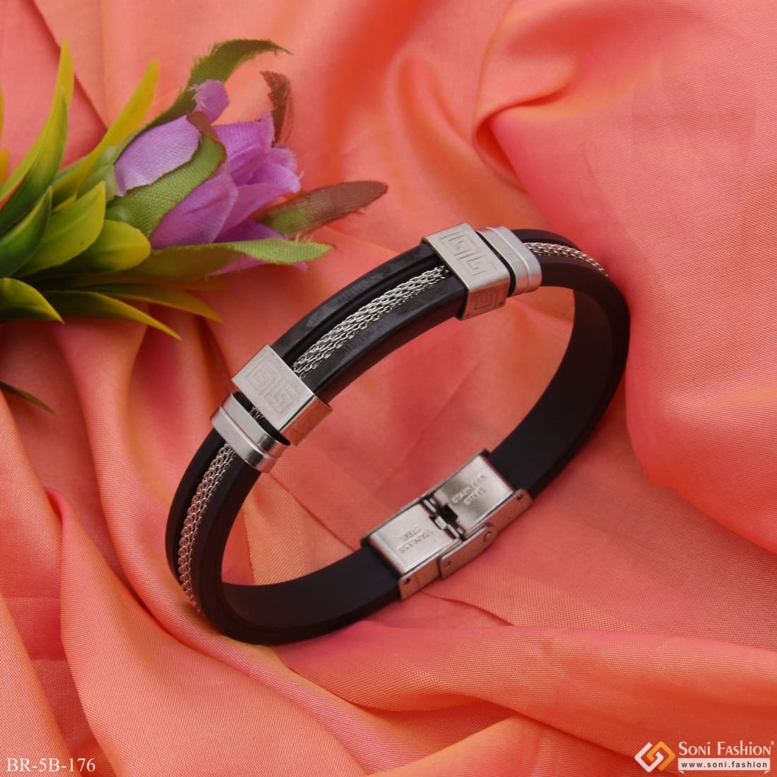 High-Quality Eye-Catching Silver & Black Color Design Bracelet - Style B176 - Image 4