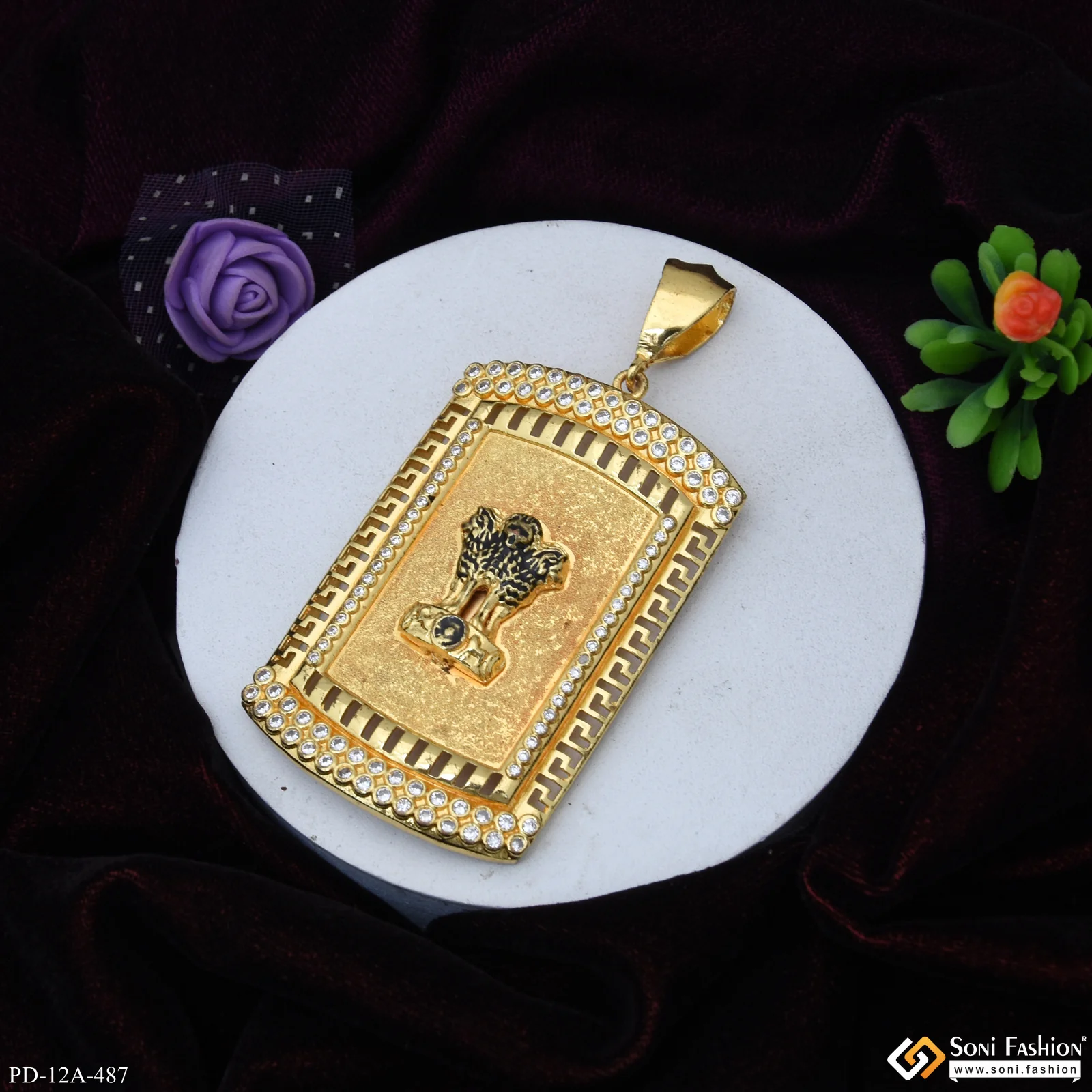 Indian Mudra Gold Plated Pendant With Diamond Texture Background For Men - Style A487