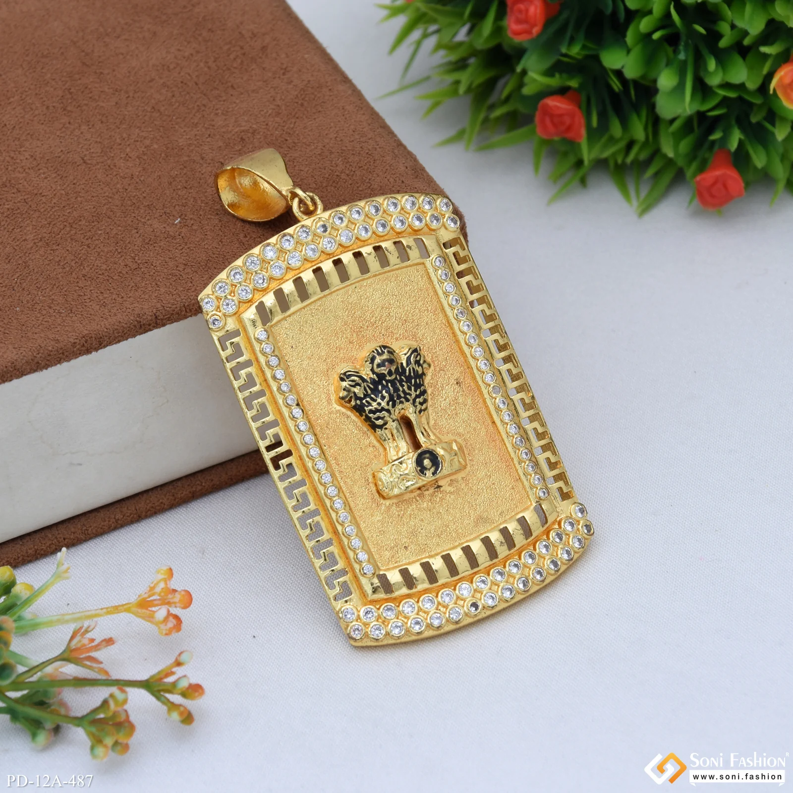 Indian Mudra Gold Plated Pendant With Diamond Texture Background For Men - Style A487 - Image 3
