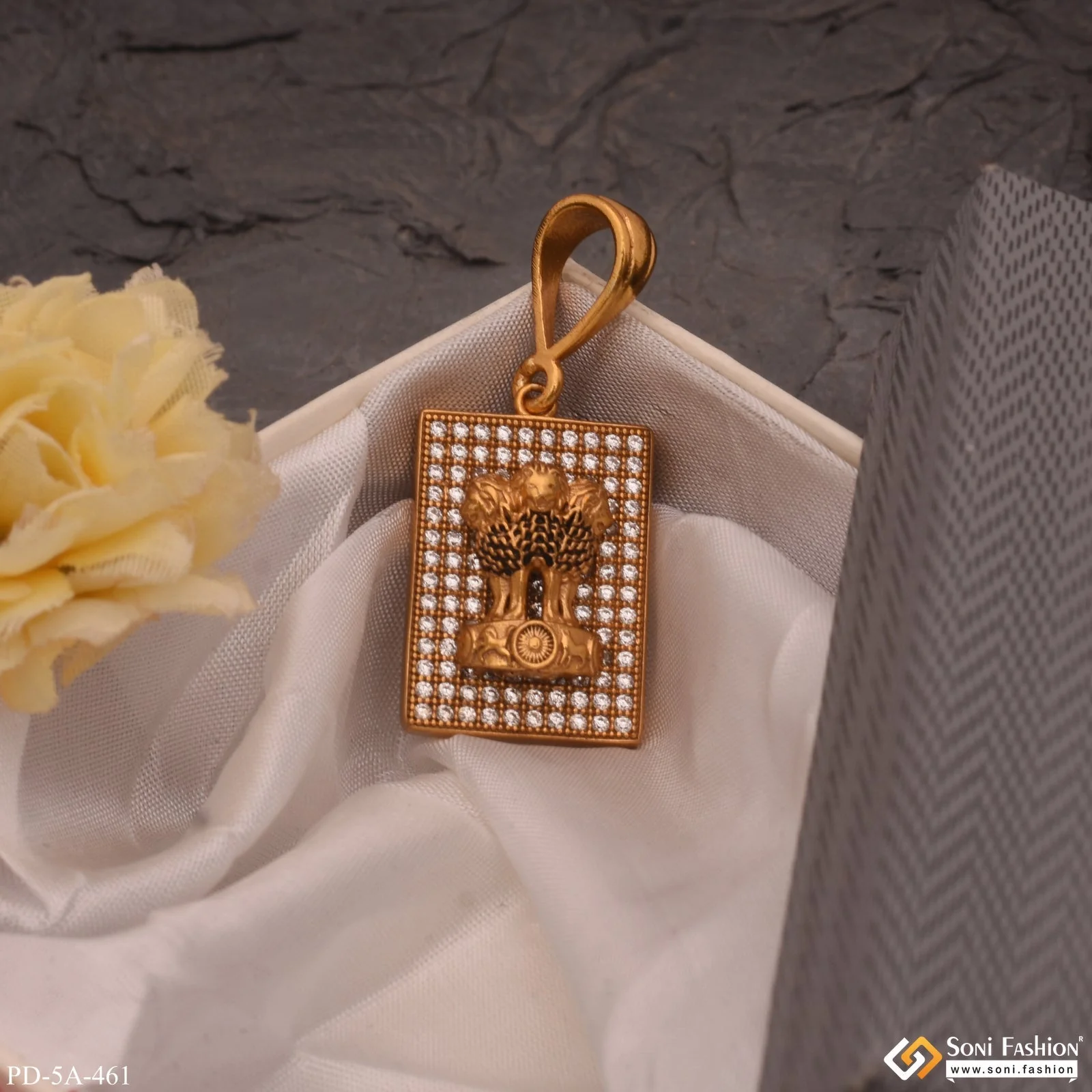 Indian Mundra Logo Gold Plated Pendant With Diamonds - Style A461 - Image 2