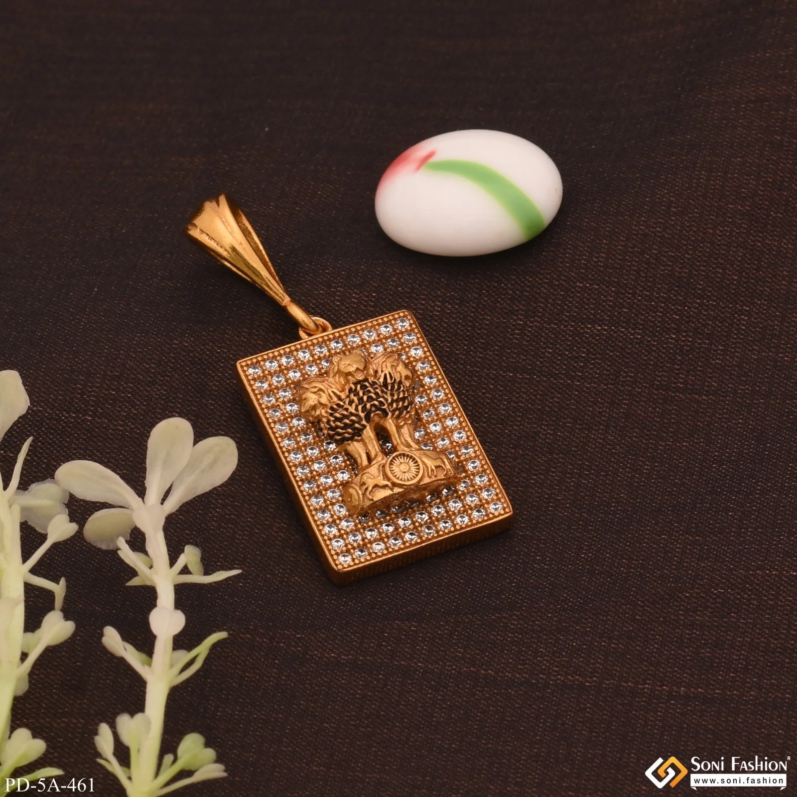 Indian Mundra Logo Gold Plated Pendant With Diamonds - Style A461 - Image 3
