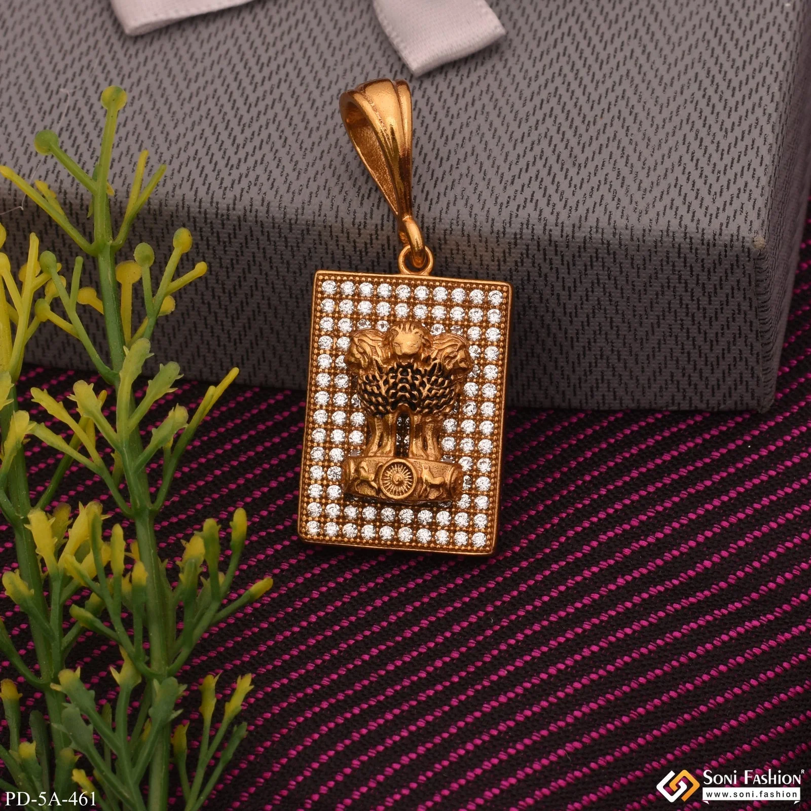 Indian Mundra Logo Gold Plated Pendant With Diamonds - Style A461 - Image 4