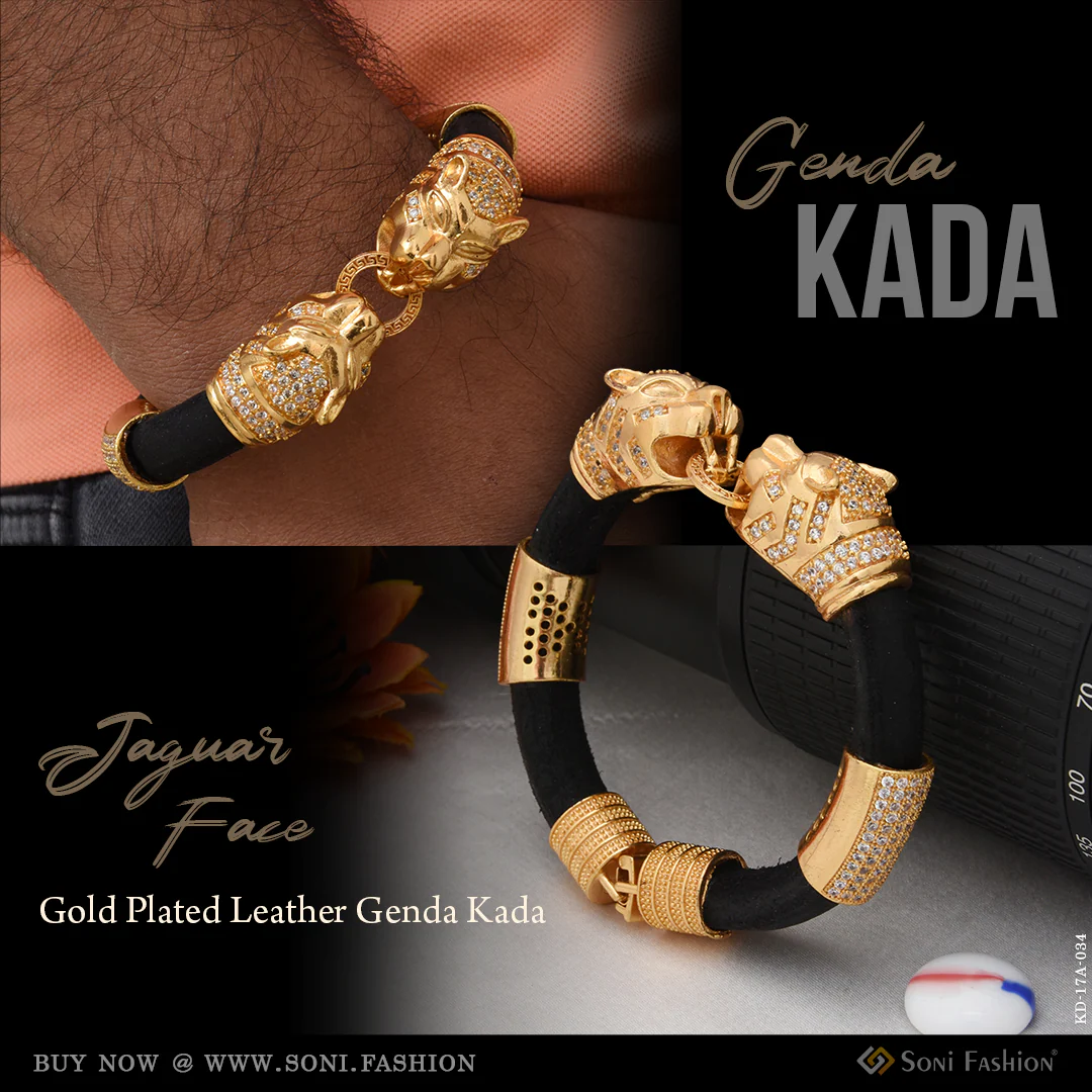 Jaguar Face Gold Plated Leather Genda Kada High-Class Design for Men - Style A034