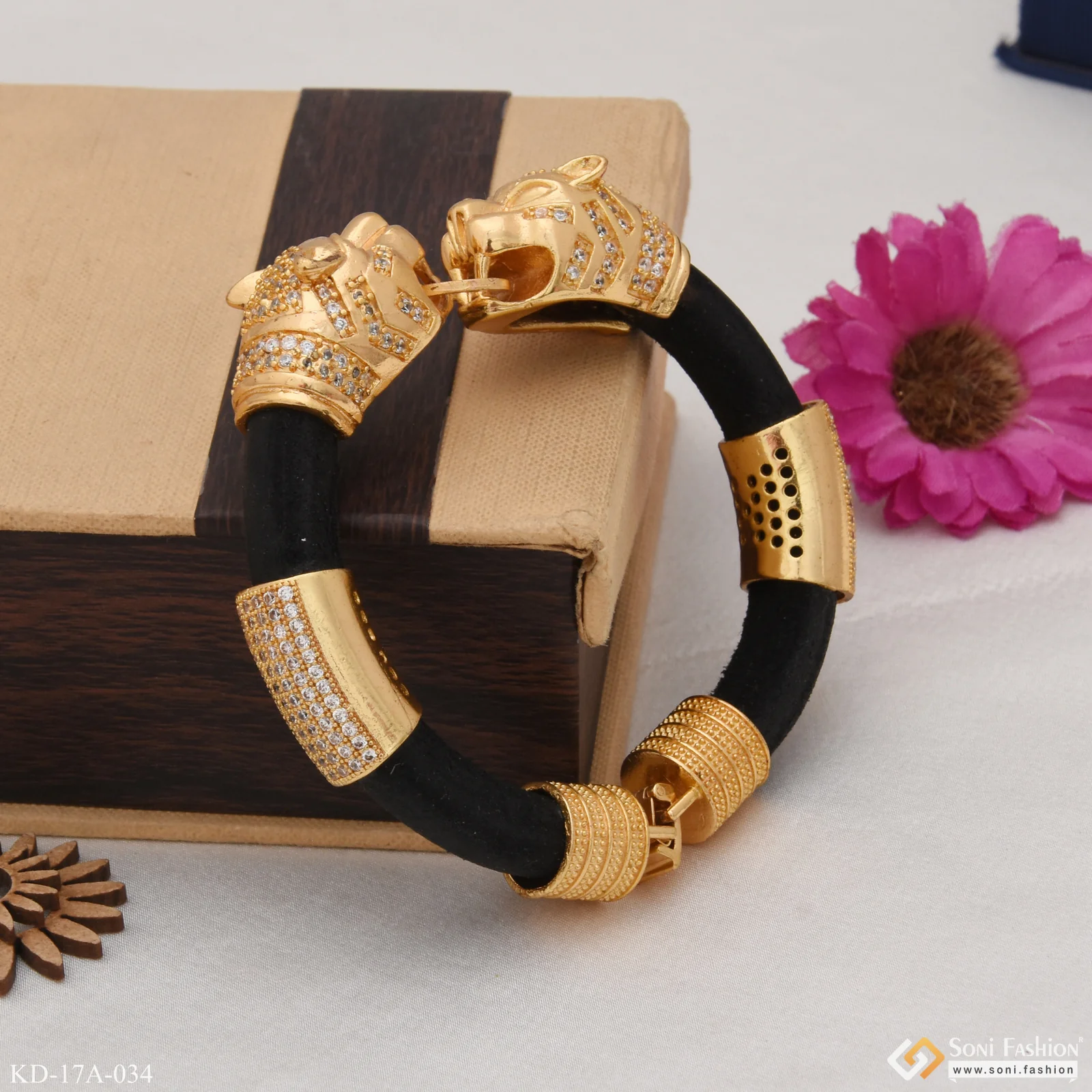 Jaguar Face Gold Plated Leather Genda Kada High-Class Design for Men - Style A034 - Image 2