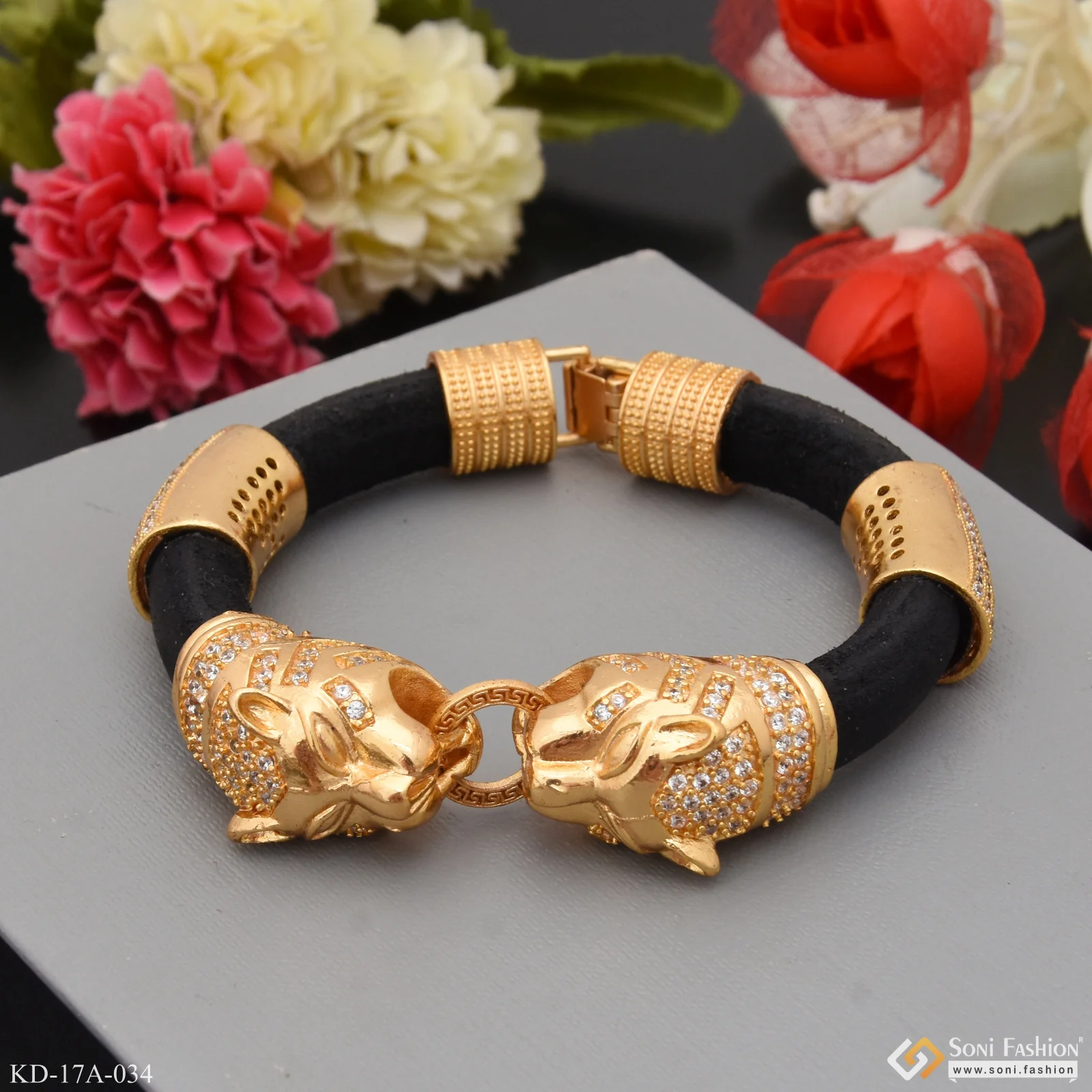 Jaguar Face Gold Plated Leather Genda Kada High-Class Design for Men - Style A034 - Image 3
