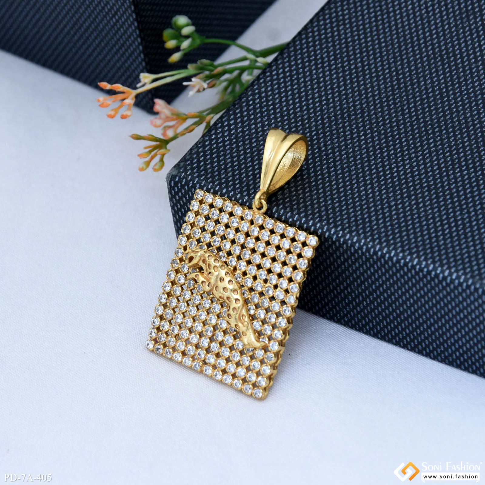 Jaguar in Attractive Square Design with Full Diamonds Gold Plated Pendant - Style A405