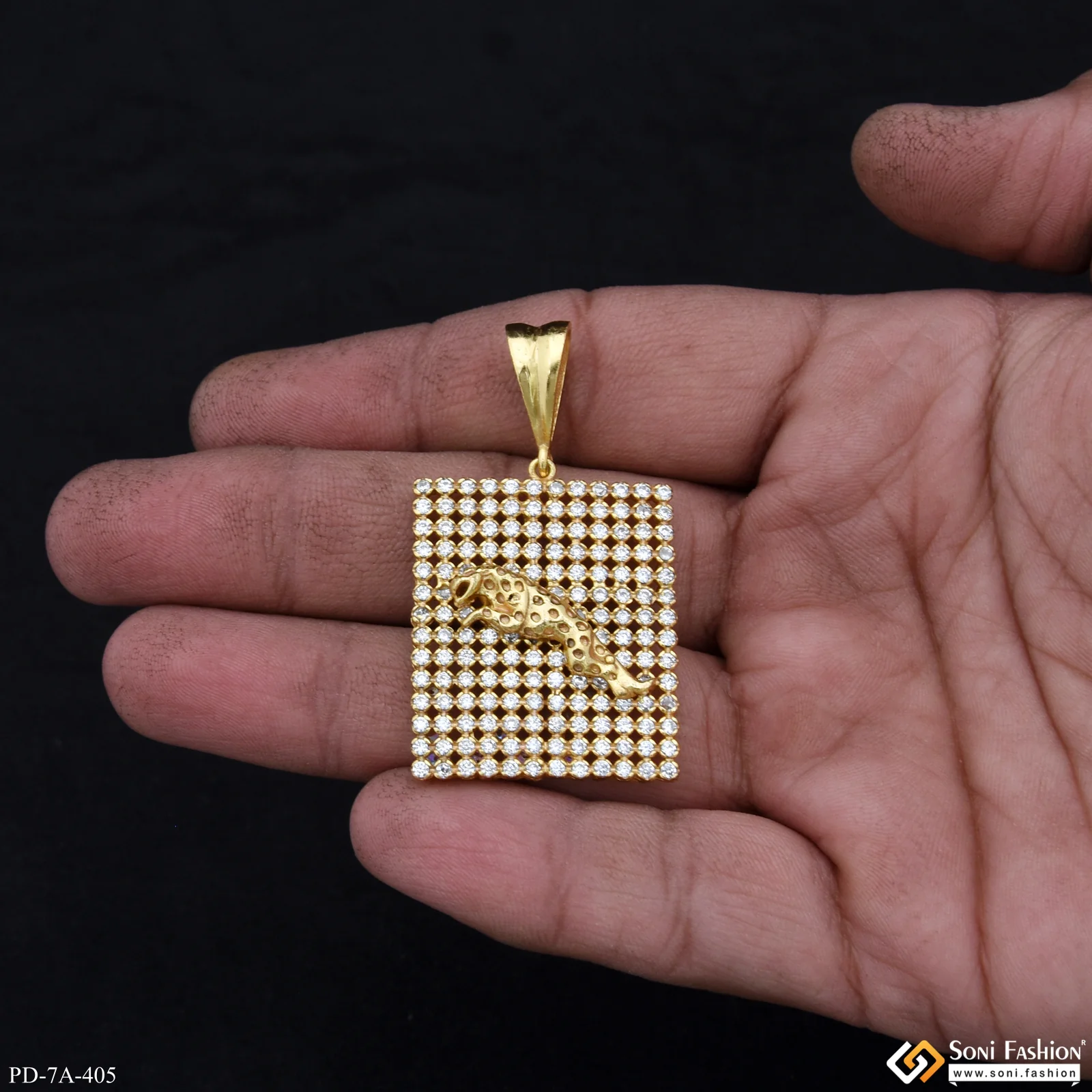 Jaguar in Attractive Square Design with Full Diamonds Gold Plated Pendant - Style A405 - Image 2