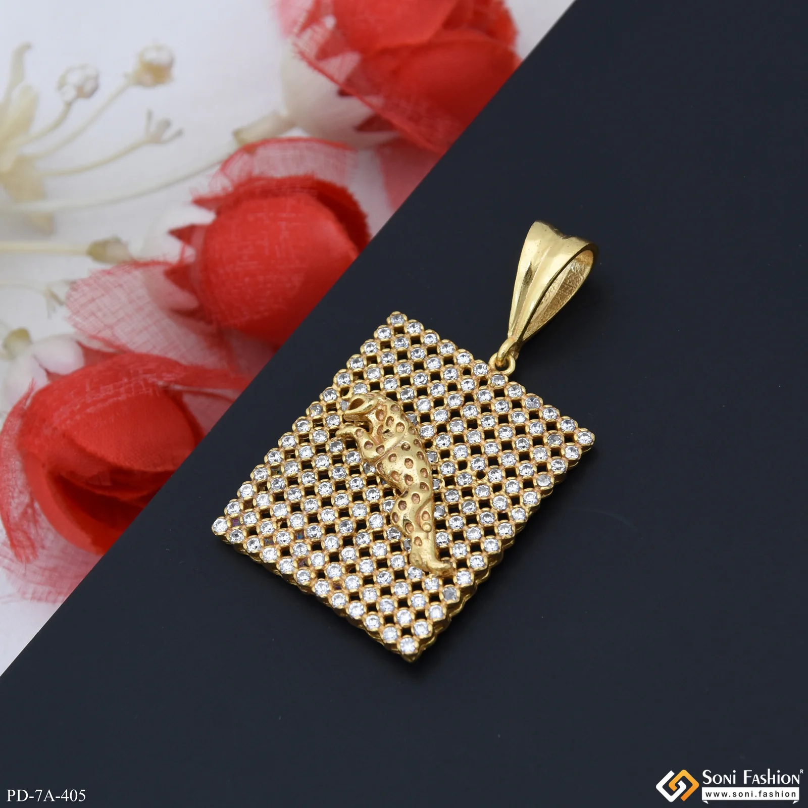 Jaguar in Attractive Square Design with Full Diamonds Gold Plated Pendant - Style A405 - Image 5