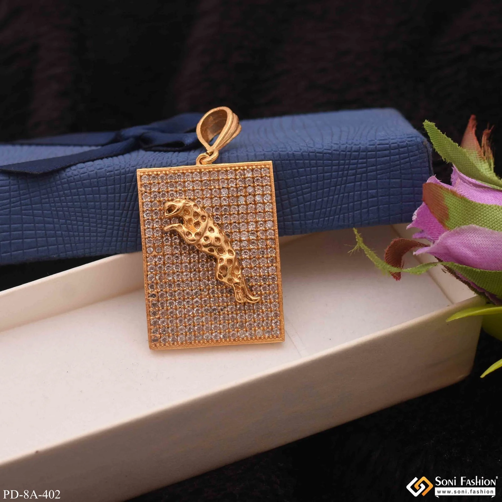 Jaguar In Square Design With Full Diamonds Gold Plated Pendant - Style A402 - Image 5