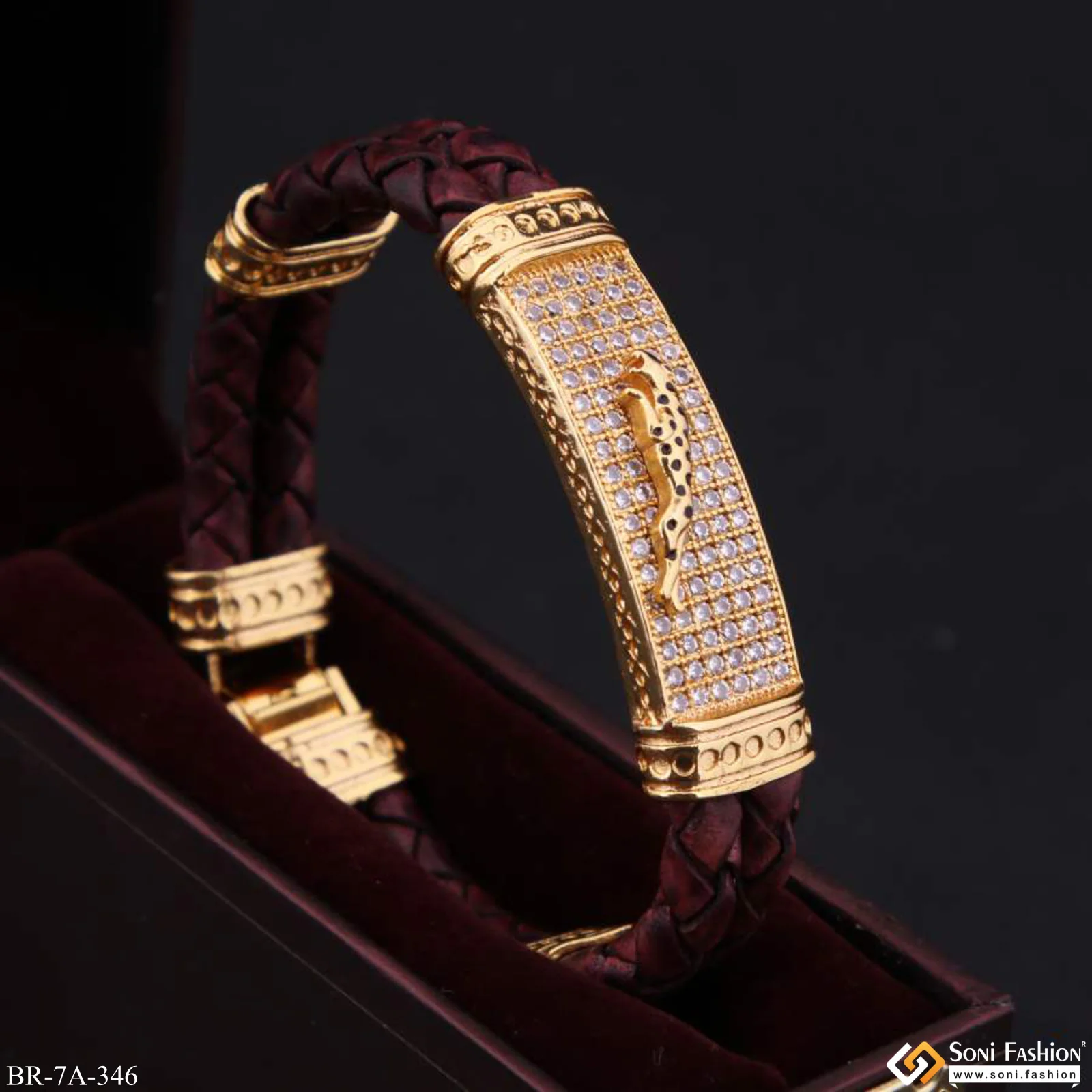 Jaguar on Leather with Diamonds Hand-Finished Design Gold Plated Bracelet - Style A346 - Image 3