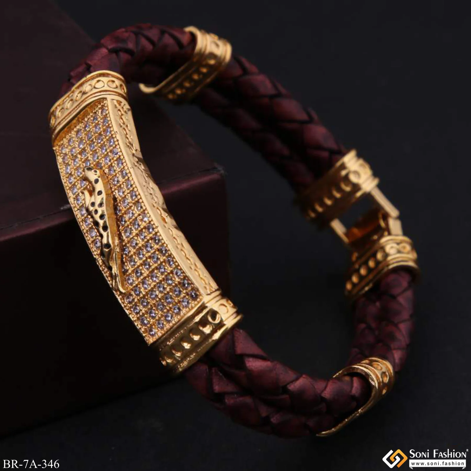 Jaguar on Leather with Diamonds Hand-Finished Design Gold Plated Bracelet - Style A346 - Image 4
