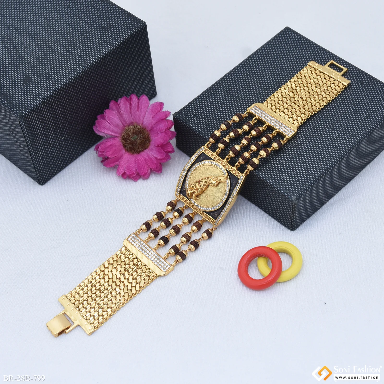 Jaguar with Diamond Artisanal Design Gold Plated Rudraksha Bracelet - Style B799 - Image 4