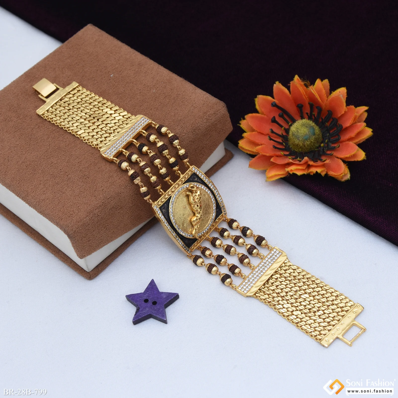 Jaguar with Diamond Artisanal Design Gold Plated Rudraksha Bracelet - Style B799 - Image 5