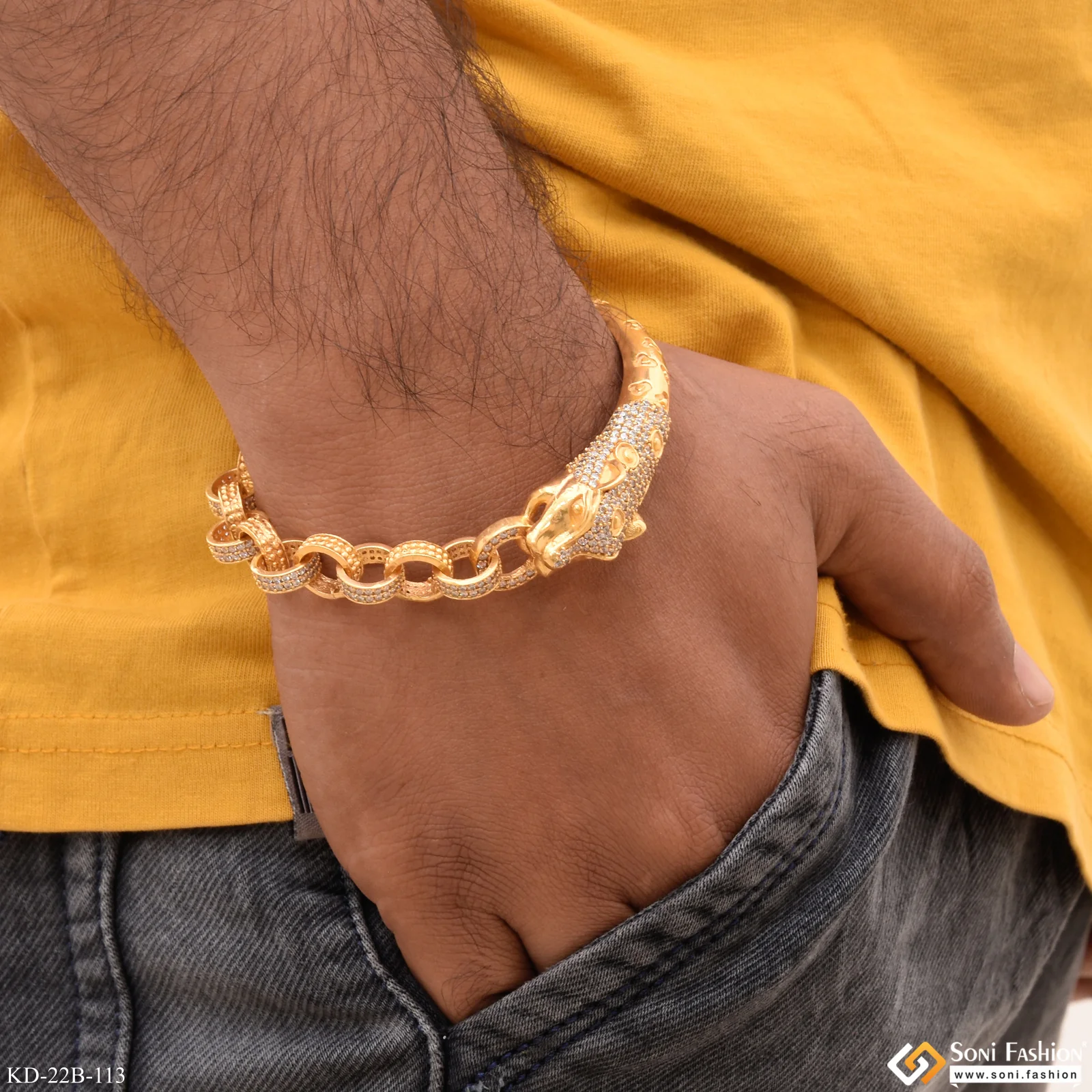 Jaguar with Diamond Fabulous Design Gold Plated Kada for Men - Style B113 - Image 2
