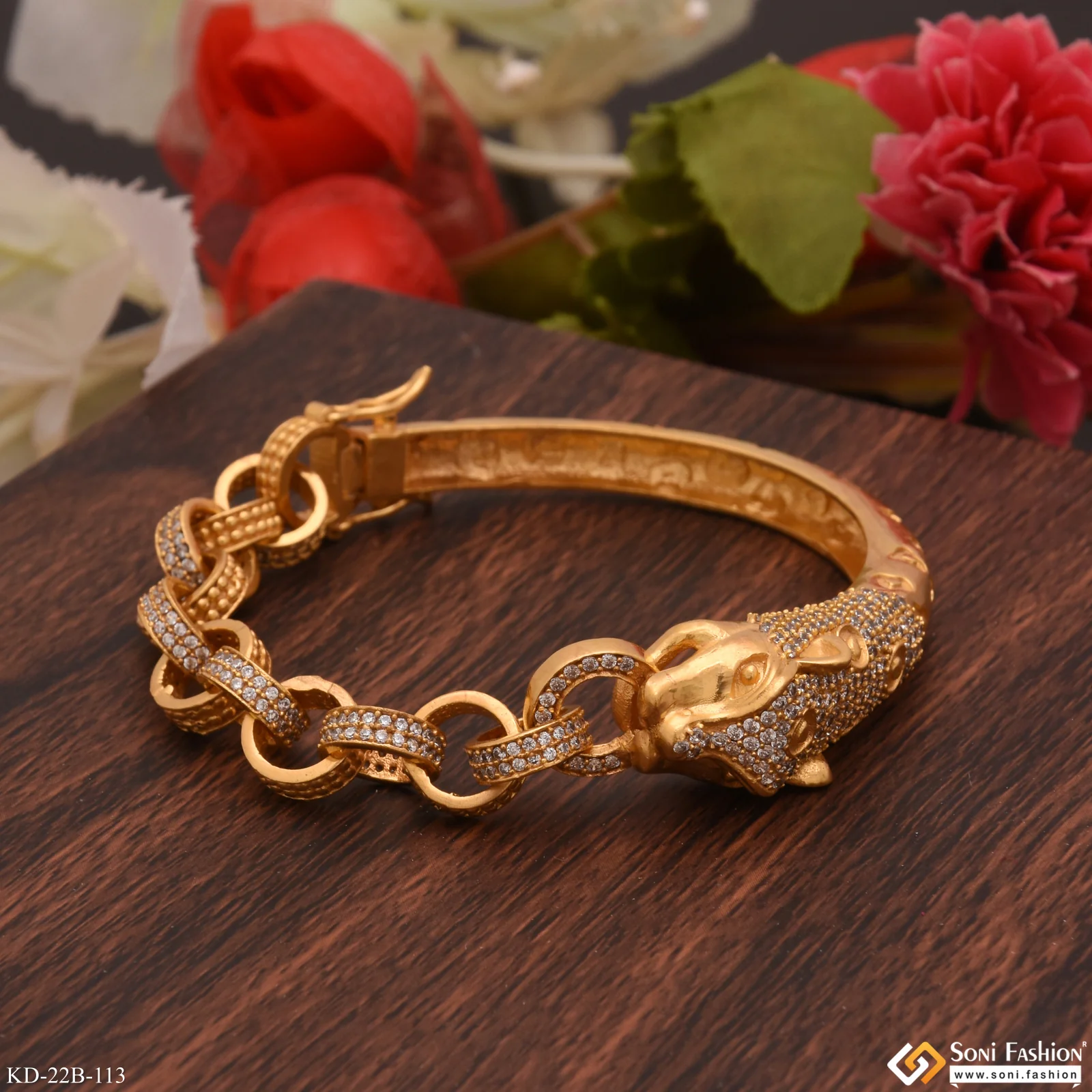 Jaguar with Diamond Fabulous Design Gold Plated Kada for Men - Style B113 - Image 3