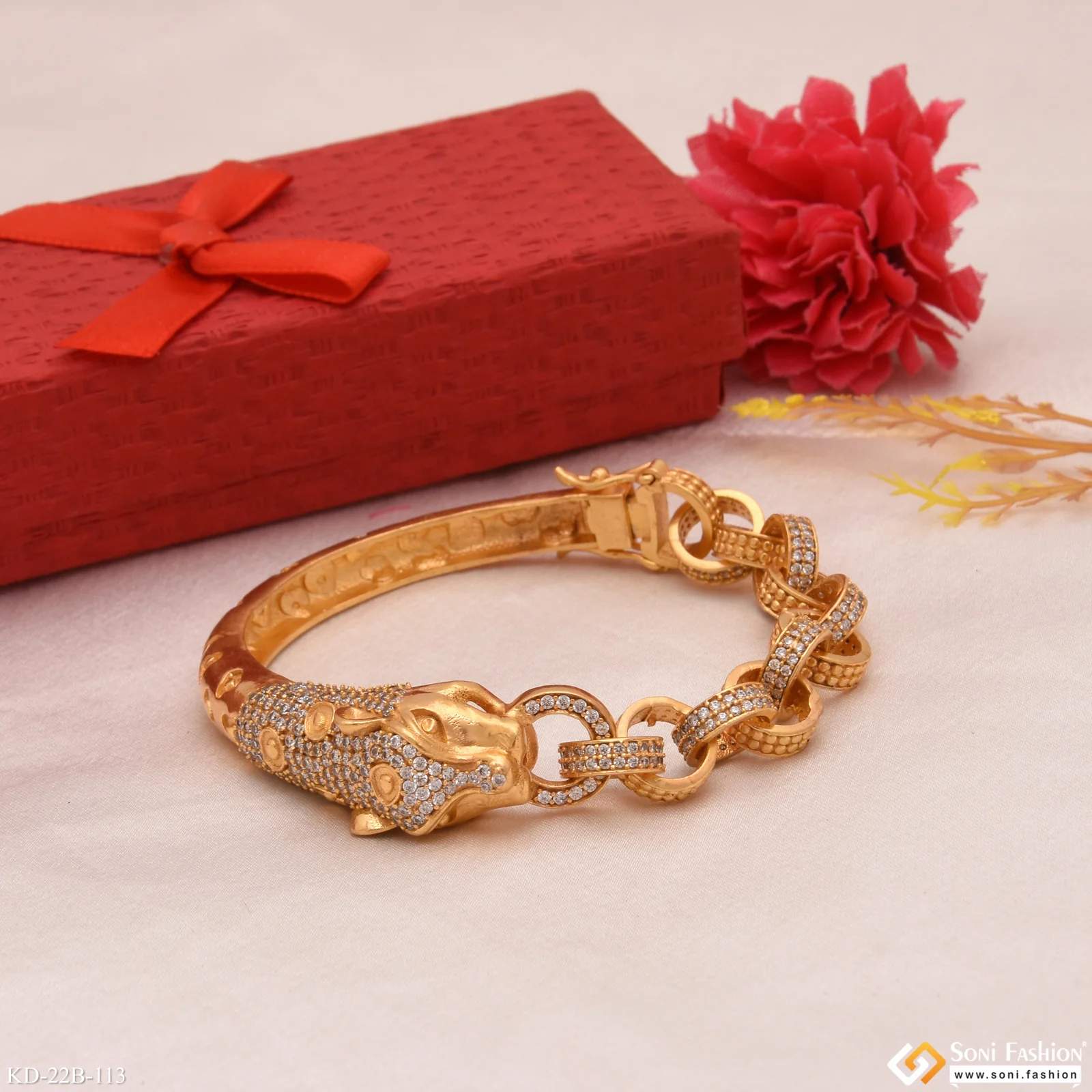 Jaguar with Diamond Fabulous Design Gold Plated Kada for Men - Style B113 - Image 6