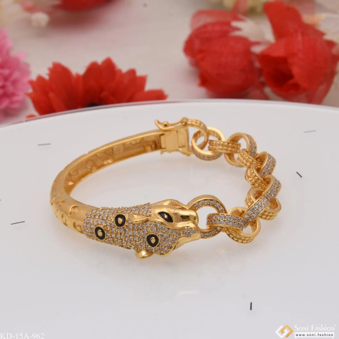 Jaguar with Diamond Sophisticated Design Gold Plated Kada for Men - Style A962 - Image 3
