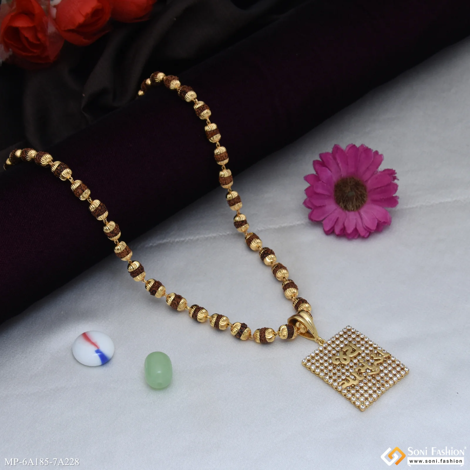 Jay Chamunda Gold Plated Pendant with Rudraksha Mala for Men (MP-A185-A228) - Image 3