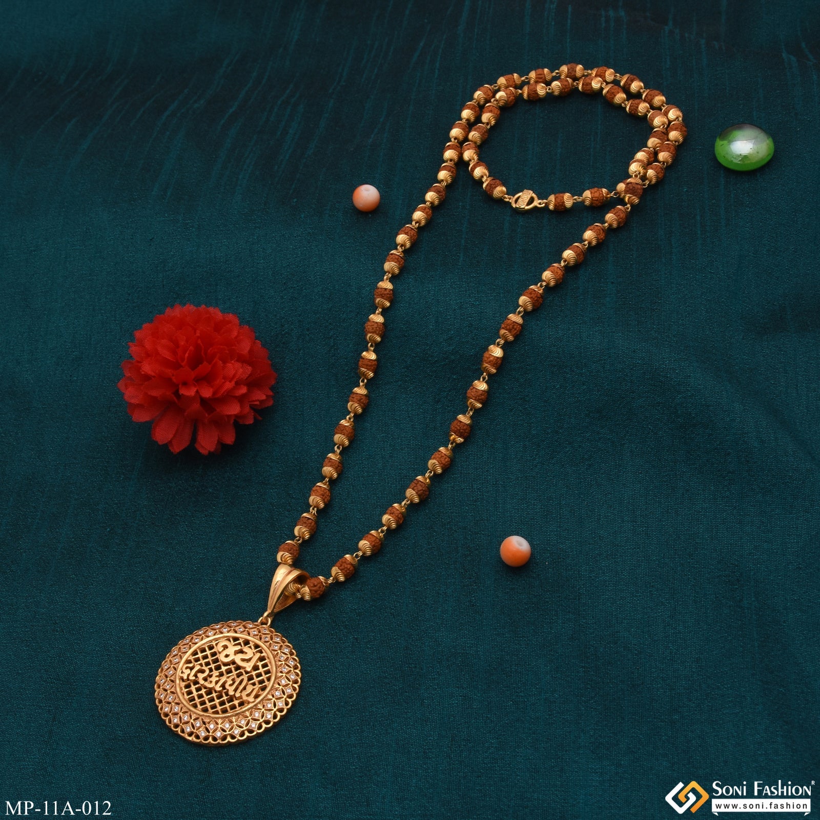 Jay Dwarkadhish With Diamond Gold Plated Rudraksha Mala With Pendant For Men - Style A012 - Image 3