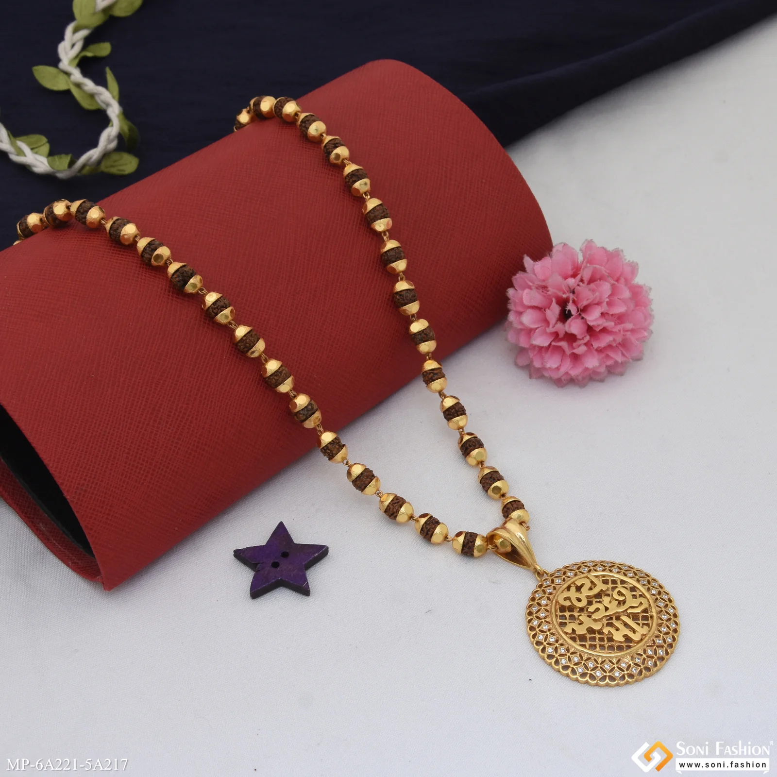 Jay Machhu Maa Gold Plated Pendant with Rudraksha Mala for Men (MP-A221-A217) - Image 4