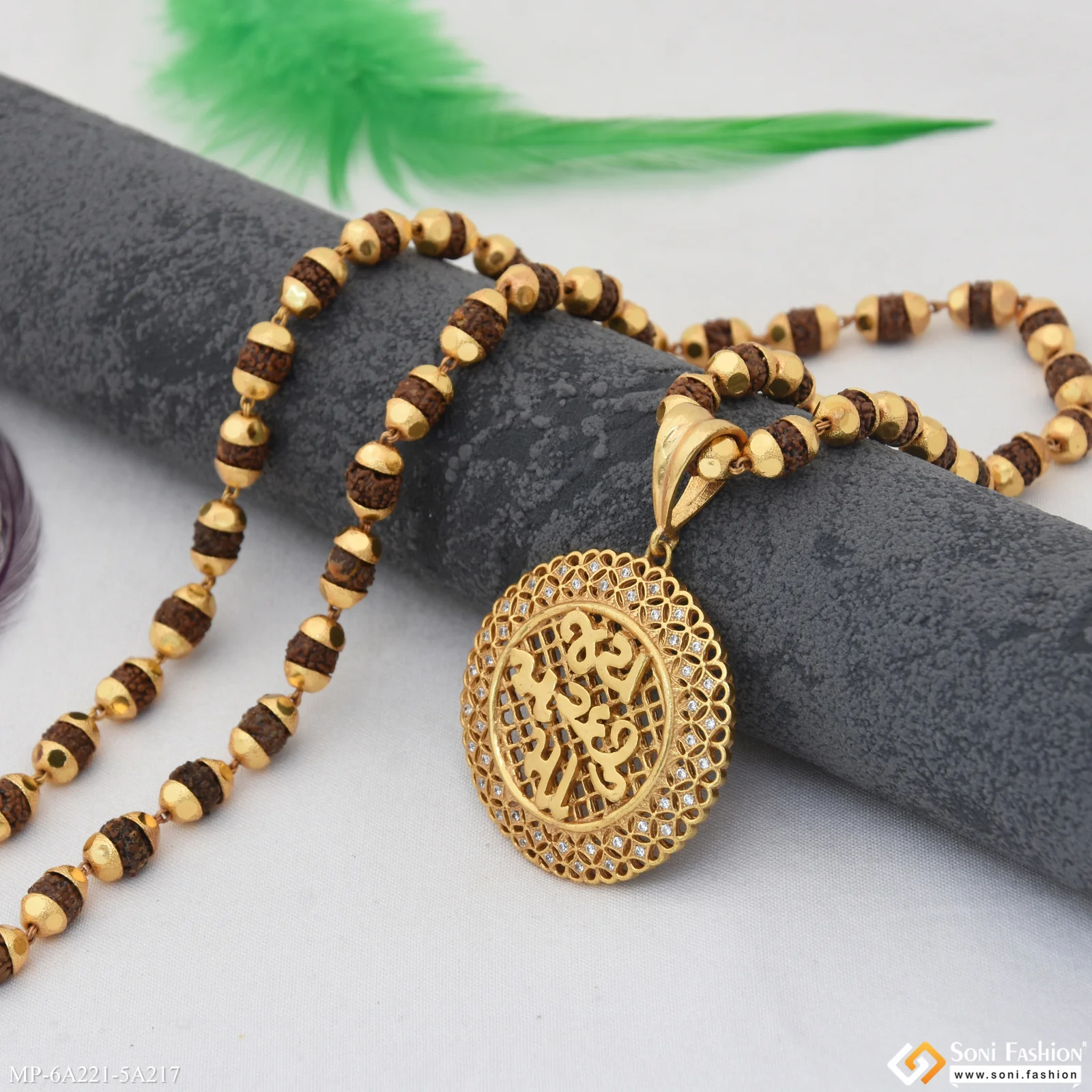 Jay Machhu Maa Gold Plated Pendant with Rudraksha Mala for Men (MP-A221-A217) - Image 5