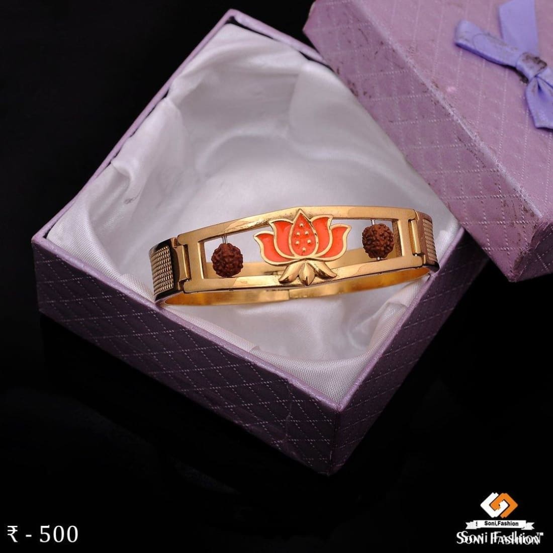Kamal-Rudraksha Bracelet Kada Casual Design Gold Plated for Men - Style A021 - Image 3