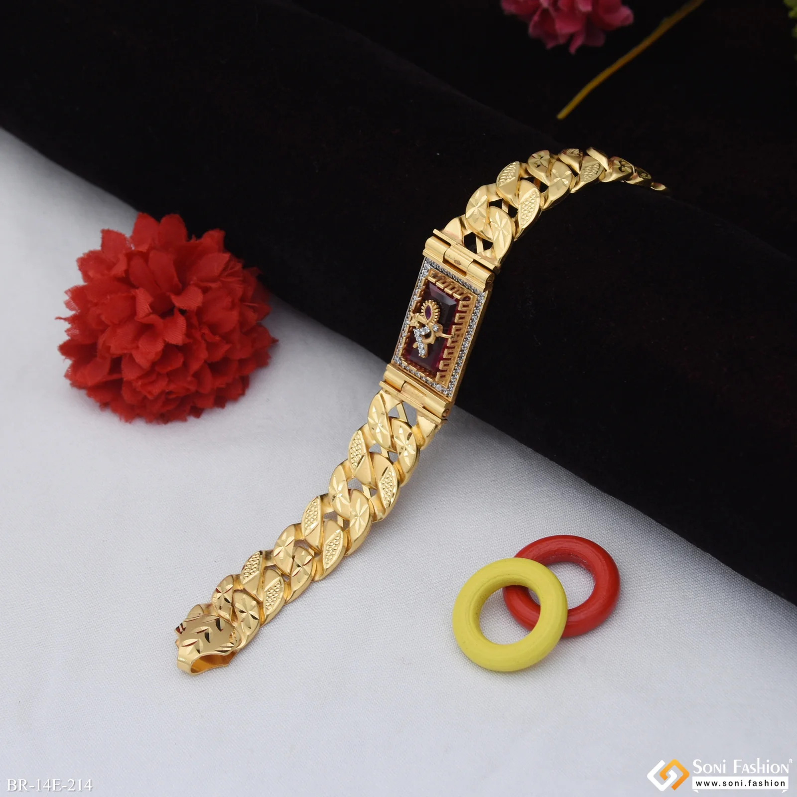 Krishna On Red Stone Gold Plated Pokal Bracelet For Men - Style E214 - Image 4