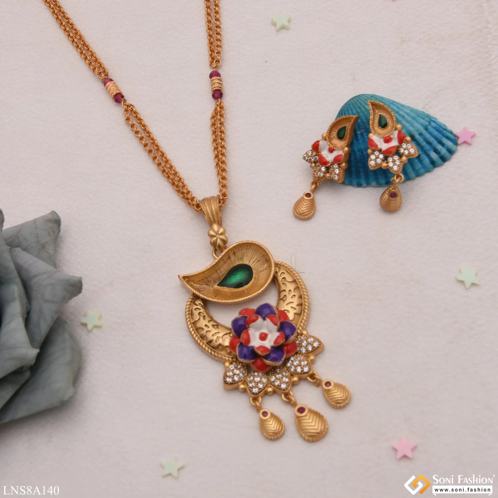 Leaf & Flower with Diamond Sparkling Design Gold Plated Necklace Set - Style LNSA140 - Image 4