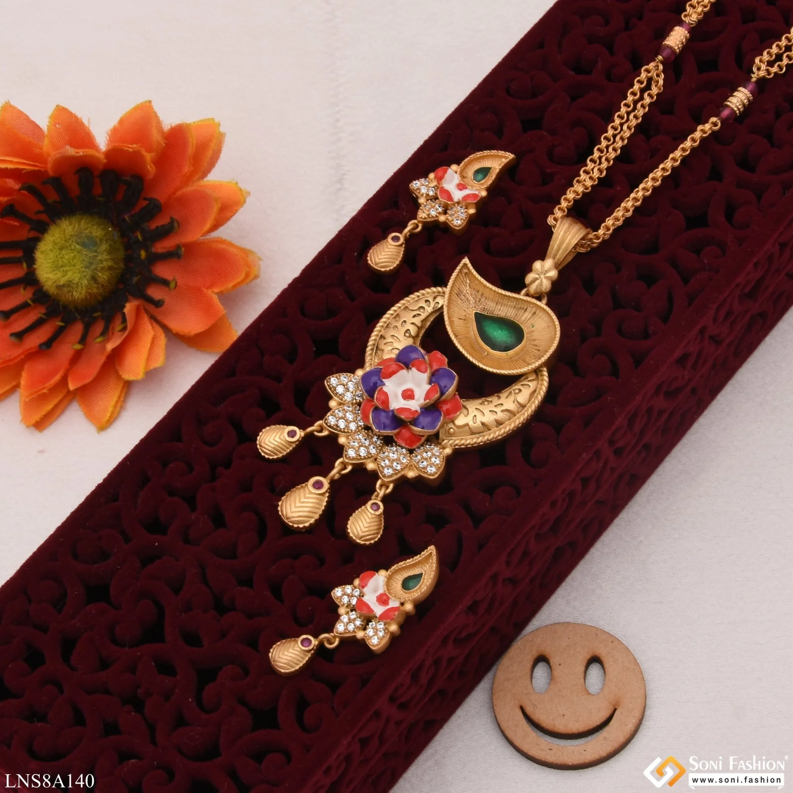 Leaf & Flower with Diamond Sparkling Design Gold Plated Necklace Set - Style LNSA140 - Image 5