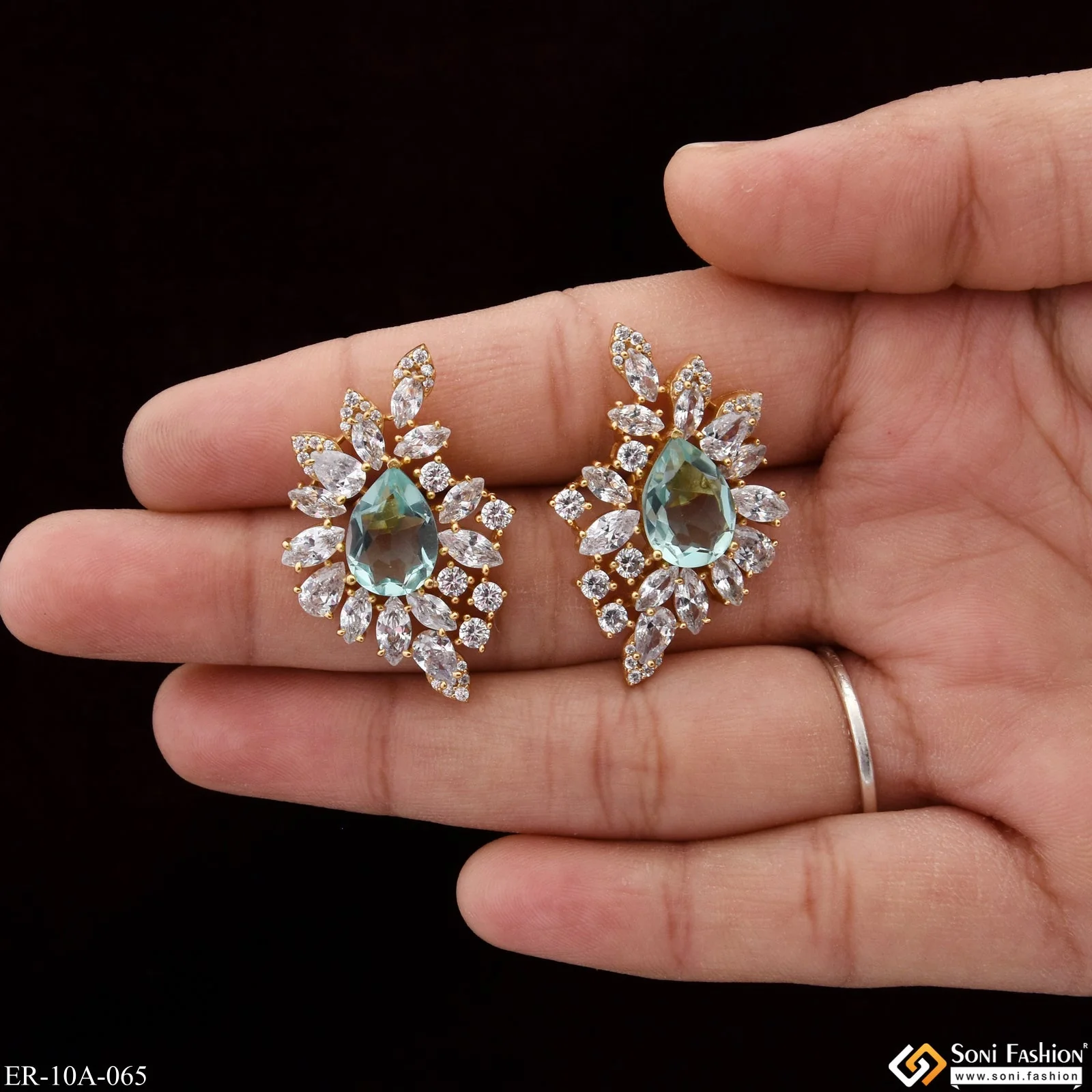 Light Blue Stone with Diamond Designer Gold Plated Earrings for Lady - Style A065 - Image 2