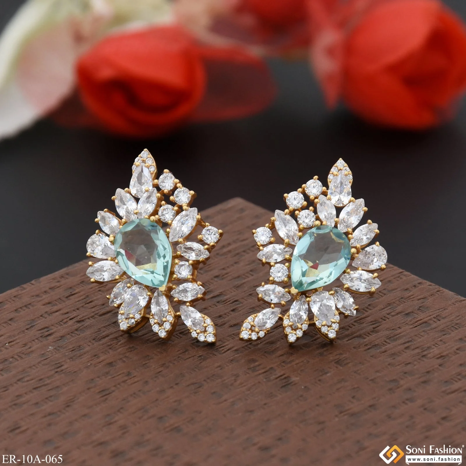 Light Blue Stone with Diamond Designer Gold Plated Earrings for Lady - Style A065 - Image 3