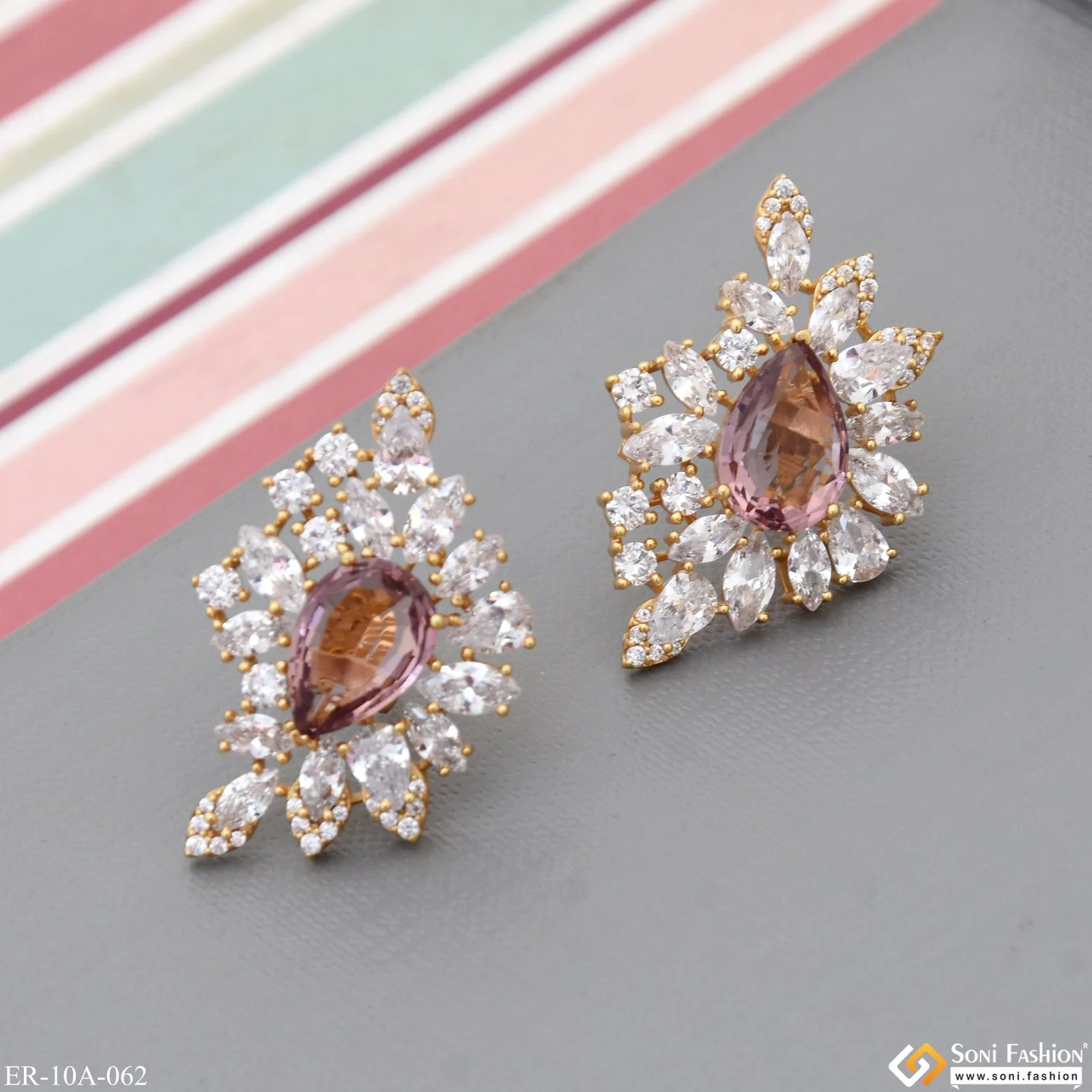 Light Pink Stone with Diamond Designer Gold Plated Earrings for Lady - Style A062 - Image 4