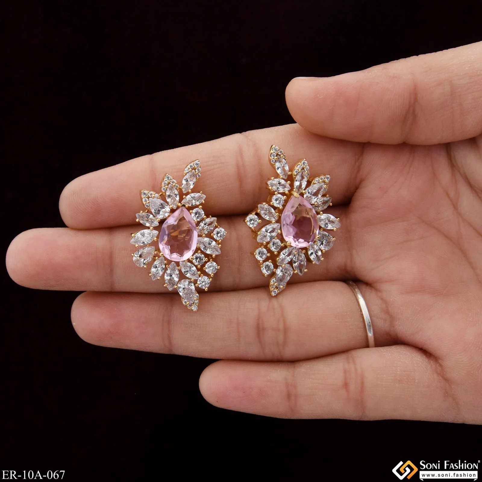 Light Pink Stone with Diamond New Style Gold Plated Earrings for Lady - Style A067 - Image 2
