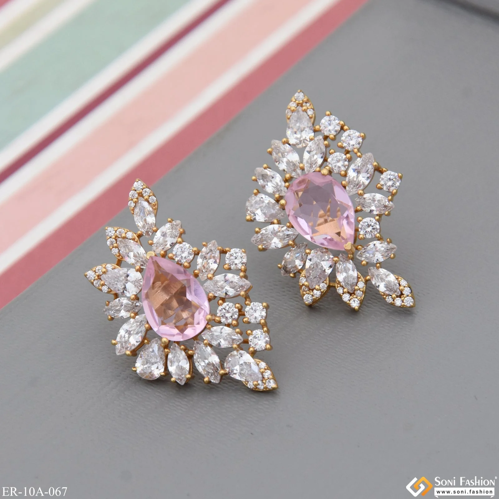 Light Pink Stone with Diamond New Style Gold Plated Earrings for Lady - Style A067 - Image 3