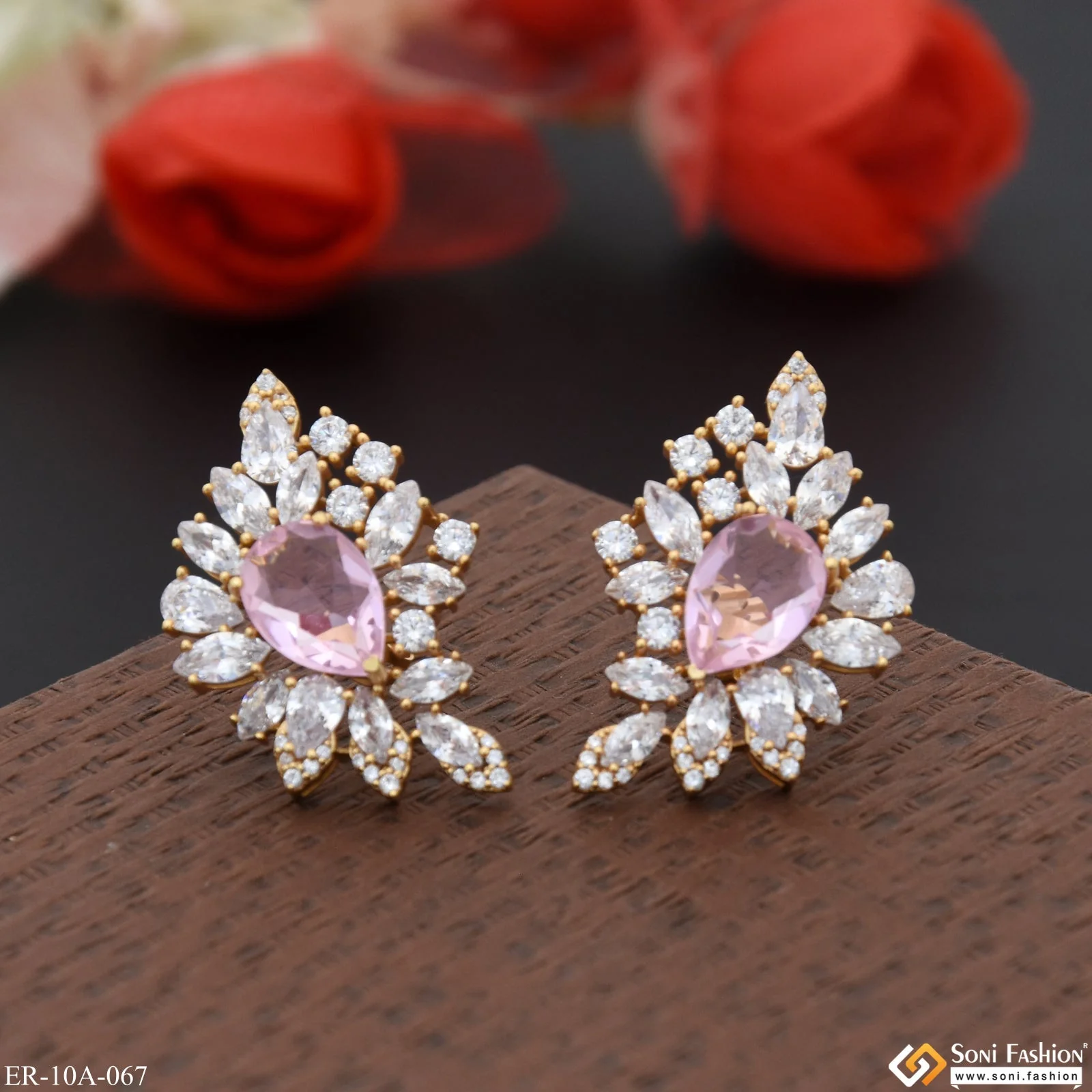 Light Pink Stone with Diamond New Style Gold Plated Earrings for Lady - Style A067 - Image 4