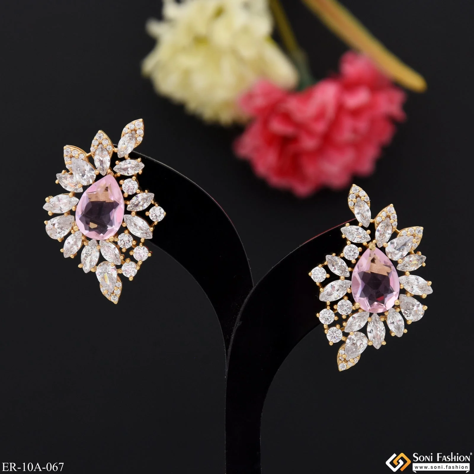 Light Pink Stone with Diamond New Style Gold Plated Earrings for Lady - Style A067 - Image 5
