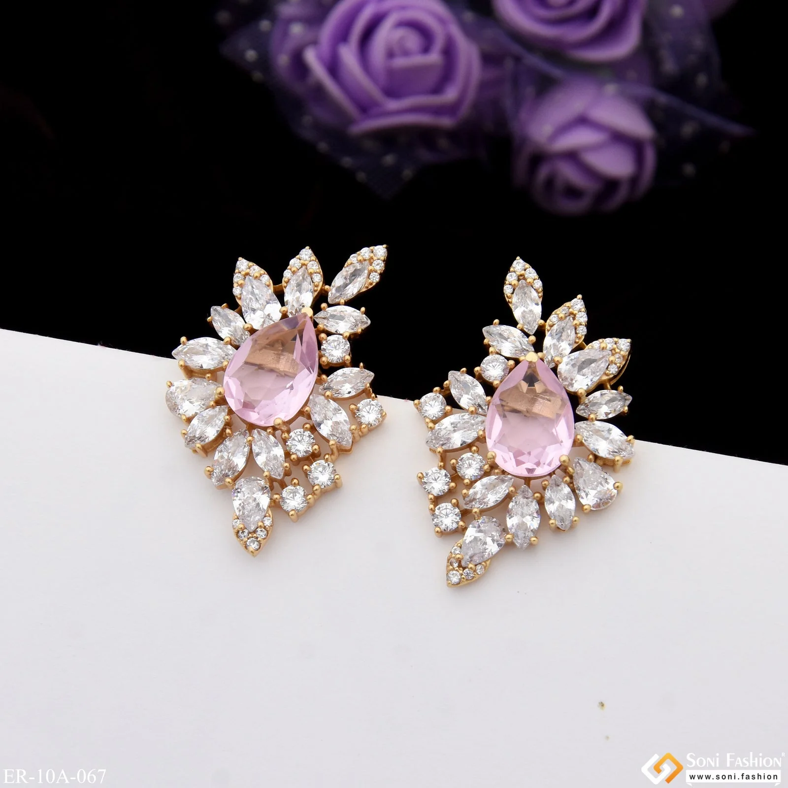 Light Pink Stone with Diamond New Style Gold Plated Earrings for Lady - Style A067 - Image 6