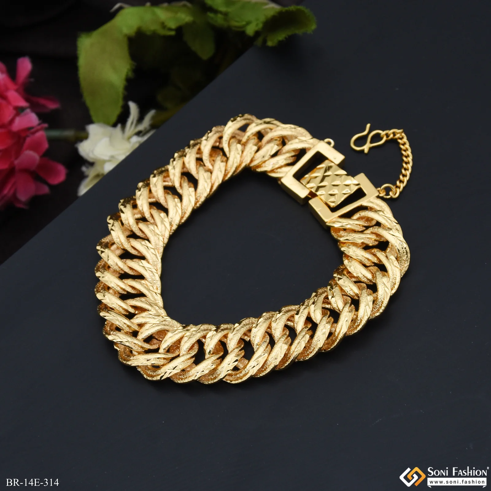 Link Bracelet Artisanal Design Gold Plated Bracelet for Men - Style E314 - Image 2