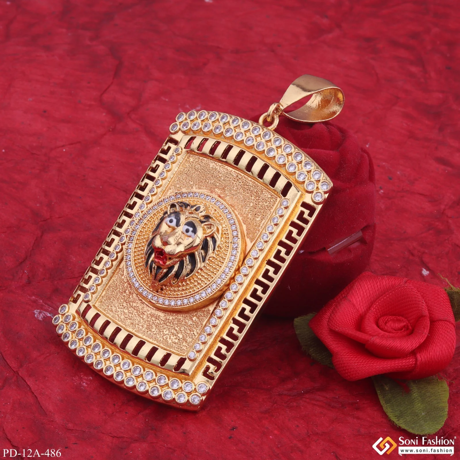 Lion Black Hair And Red Mouth Gold Plated Pendant With Diamond Texture Background - Style A486