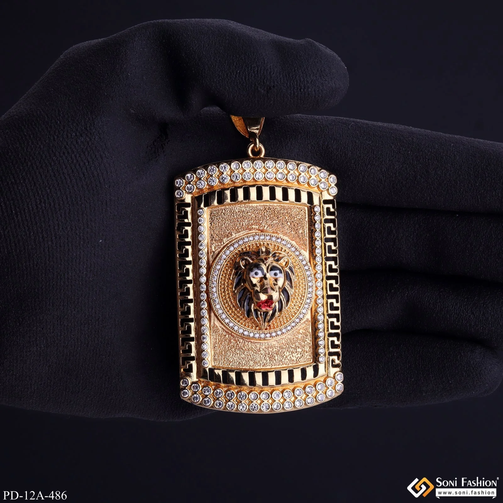 Lion Black Hair And Red Mouth Gold Plated Pendant With Diamond Texture Background - Style A486 - Image 2