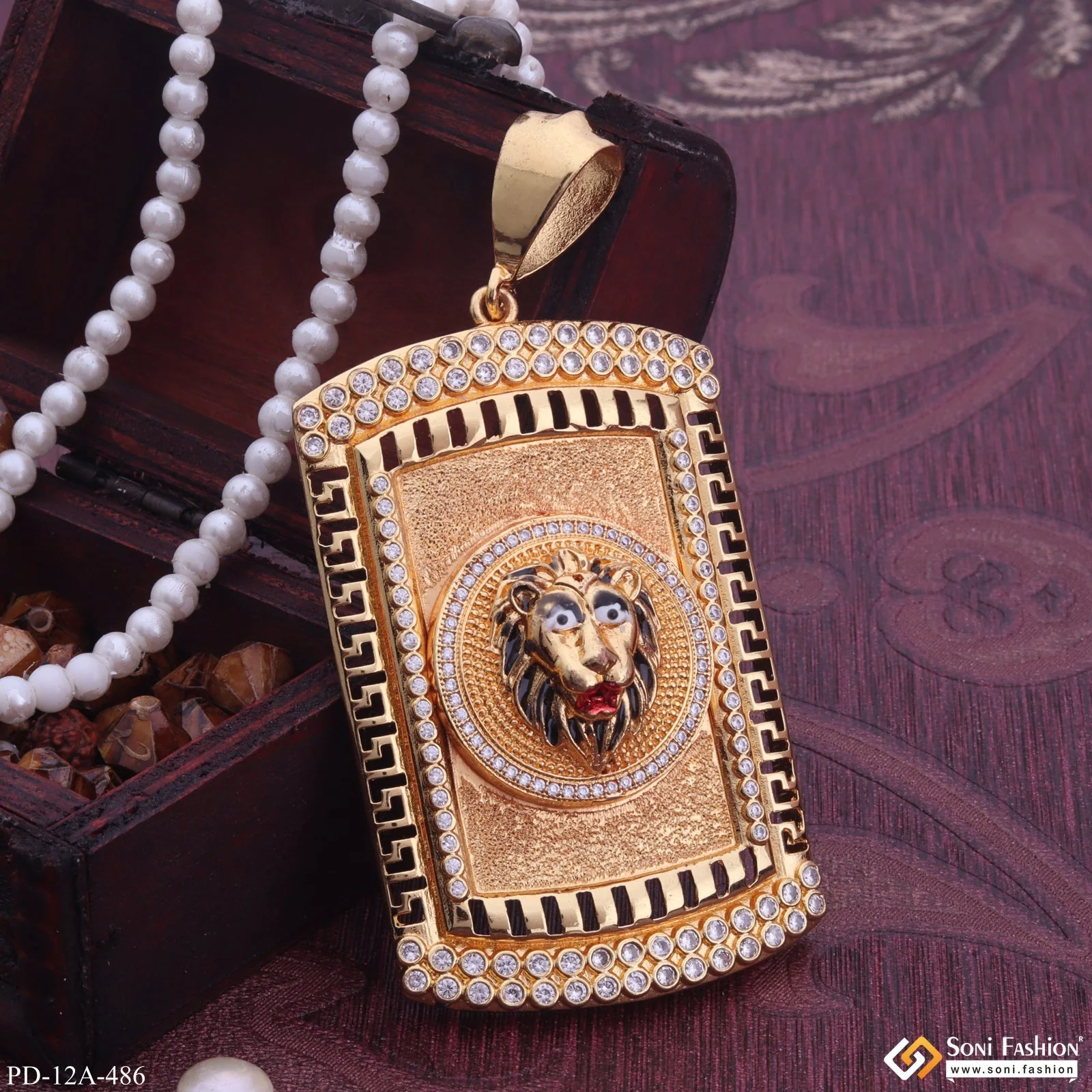 Lion Black Hair And Red Mouth Gold Plated Pendant With Diamond Texture Background - Style A486 - Image 3