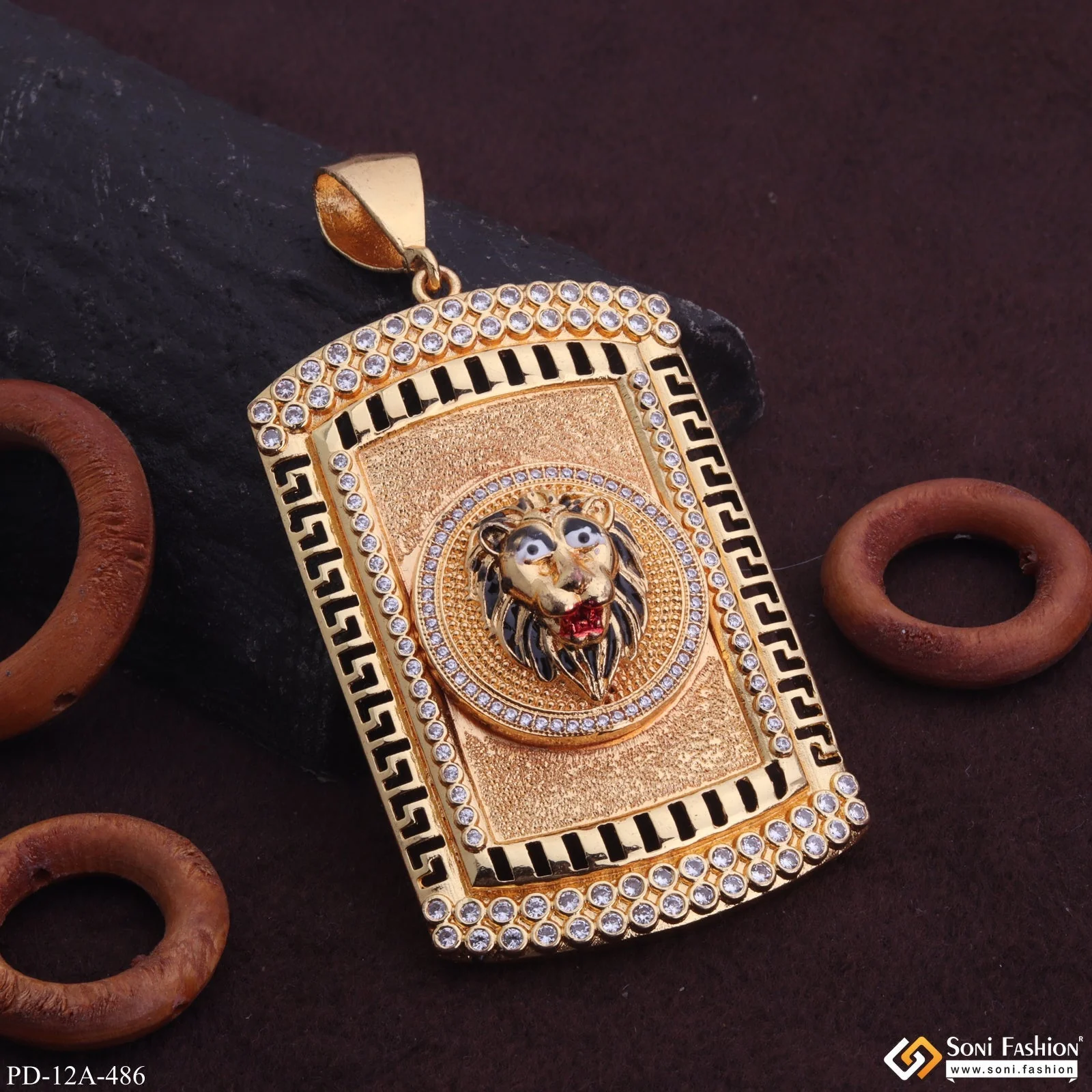 Lion Black Hair And Red Mouth Gold Plated Pendant With Diamond Texture Background - Style A486 - Image 4