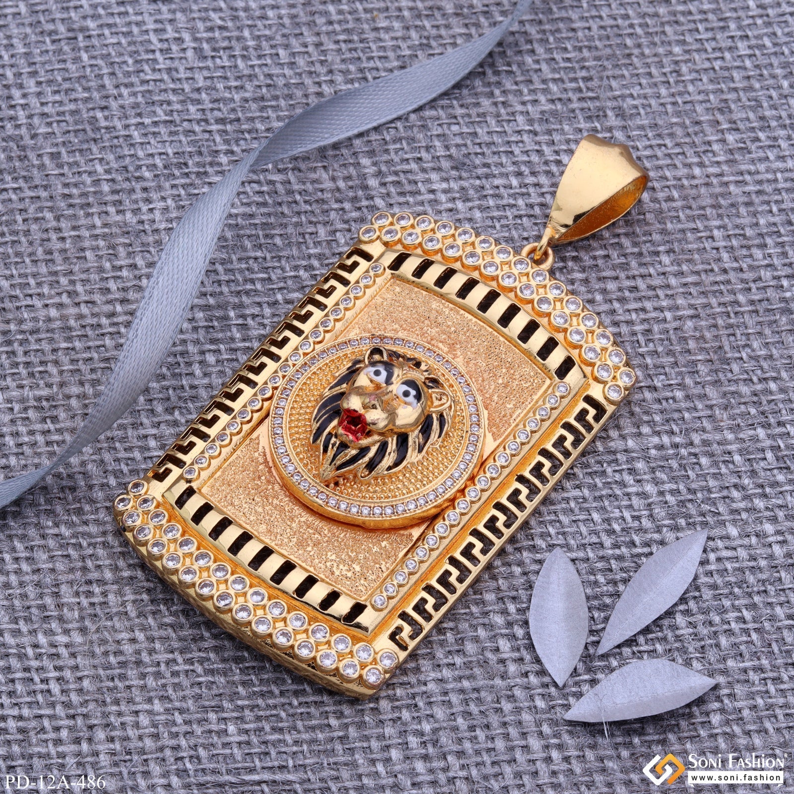 Lion Black Hair And Red Mouth Gold Plated Pendant With Diamond Texture Background - Style A486 - Image 5