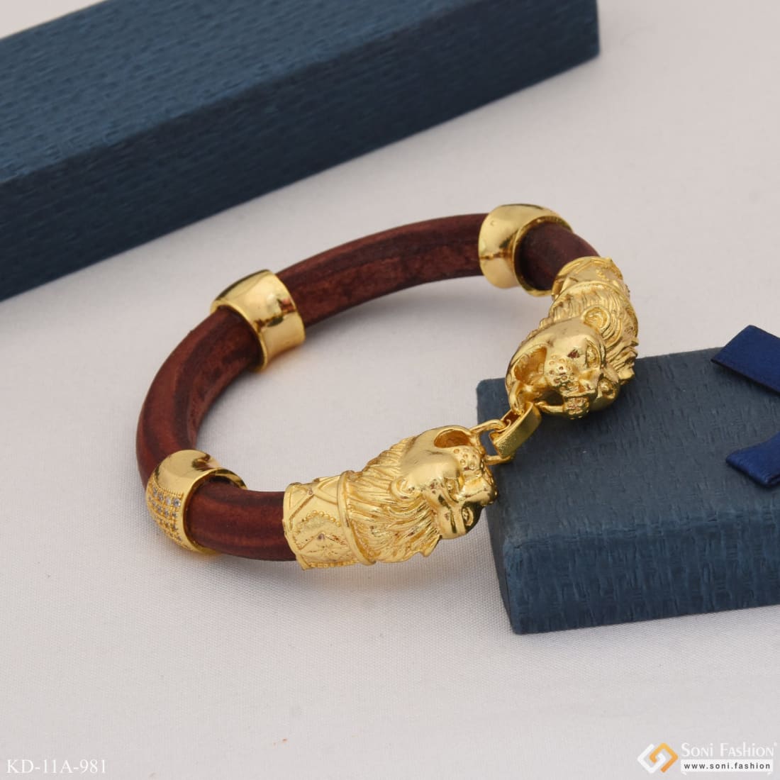 Lion with Diamond Fashionable Design Gold Plated Genda Kada for Men - Style A981 - Image 3