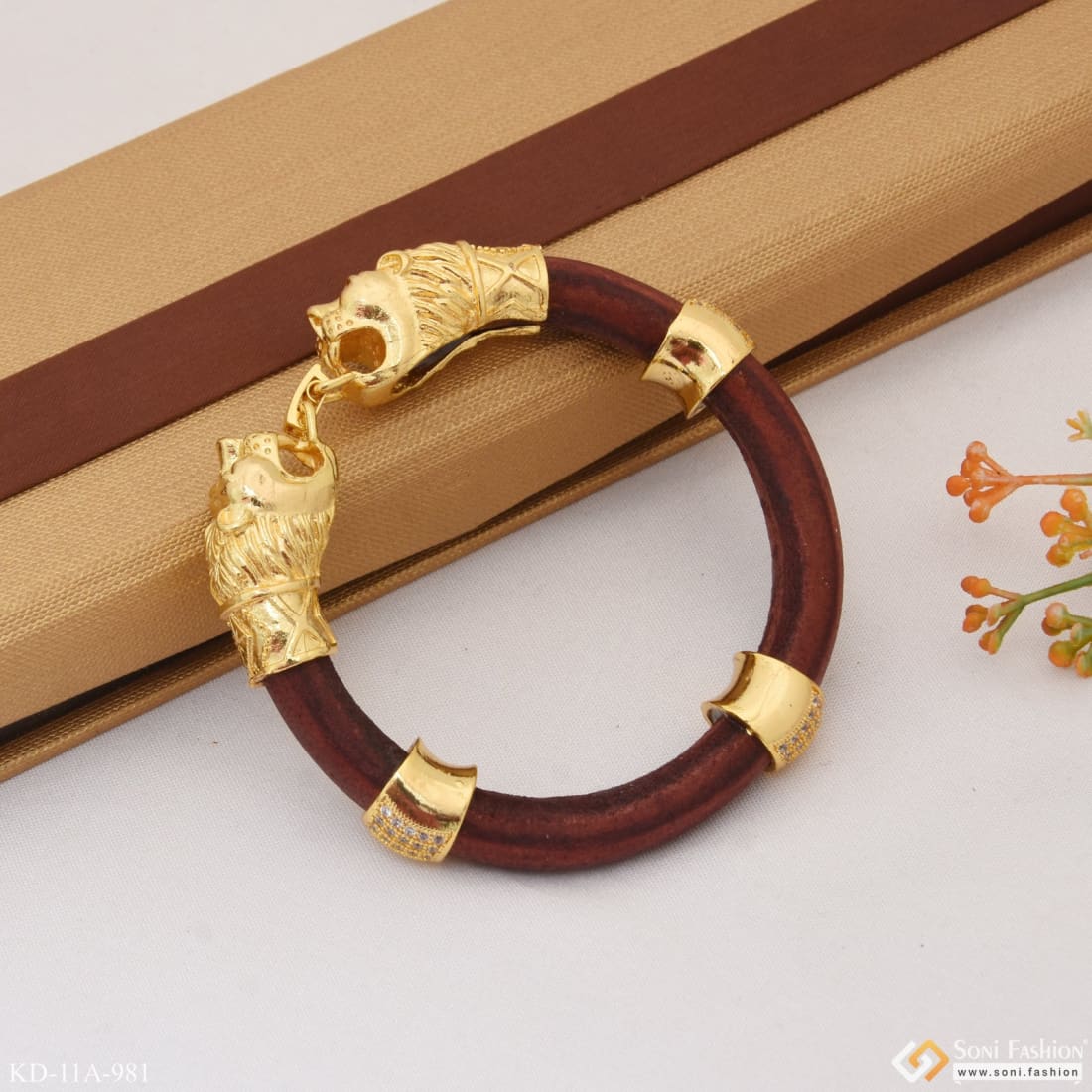 Lion with Diamond Fashionable Design Gold Plated Genda Kada for Men - Style A981 - Image 4