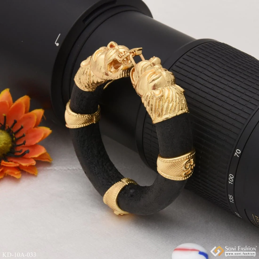 Lion Face - Brilliant Design Black Leather Genda Kada Gold Plated - Style A033 - Image 3