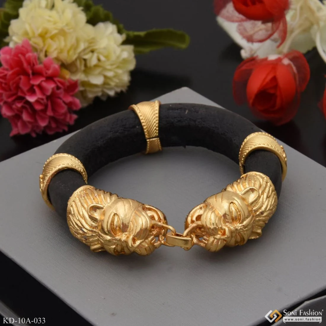 Lion Face - Brilliant Design Black Leather Genda Kada Gold Plated - Style A033 - Image 4